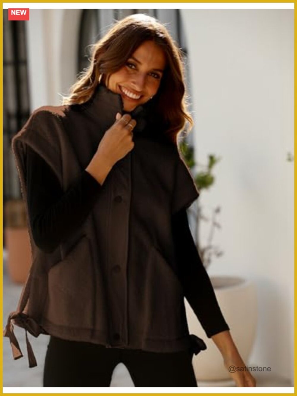 Oversized Fleece Vest Sleeveless Button Down Sherpa Jacket with Pockets - Picture 4 of 6